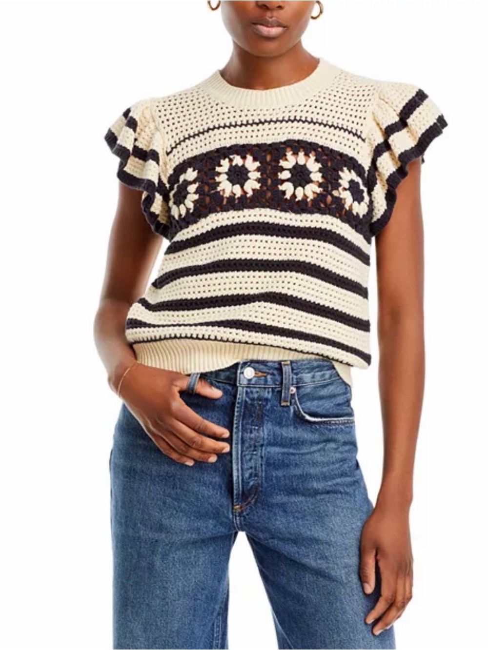 Rails Oat & Navy Crochet Stripe Flutter Sleeve Sweater Sz M
